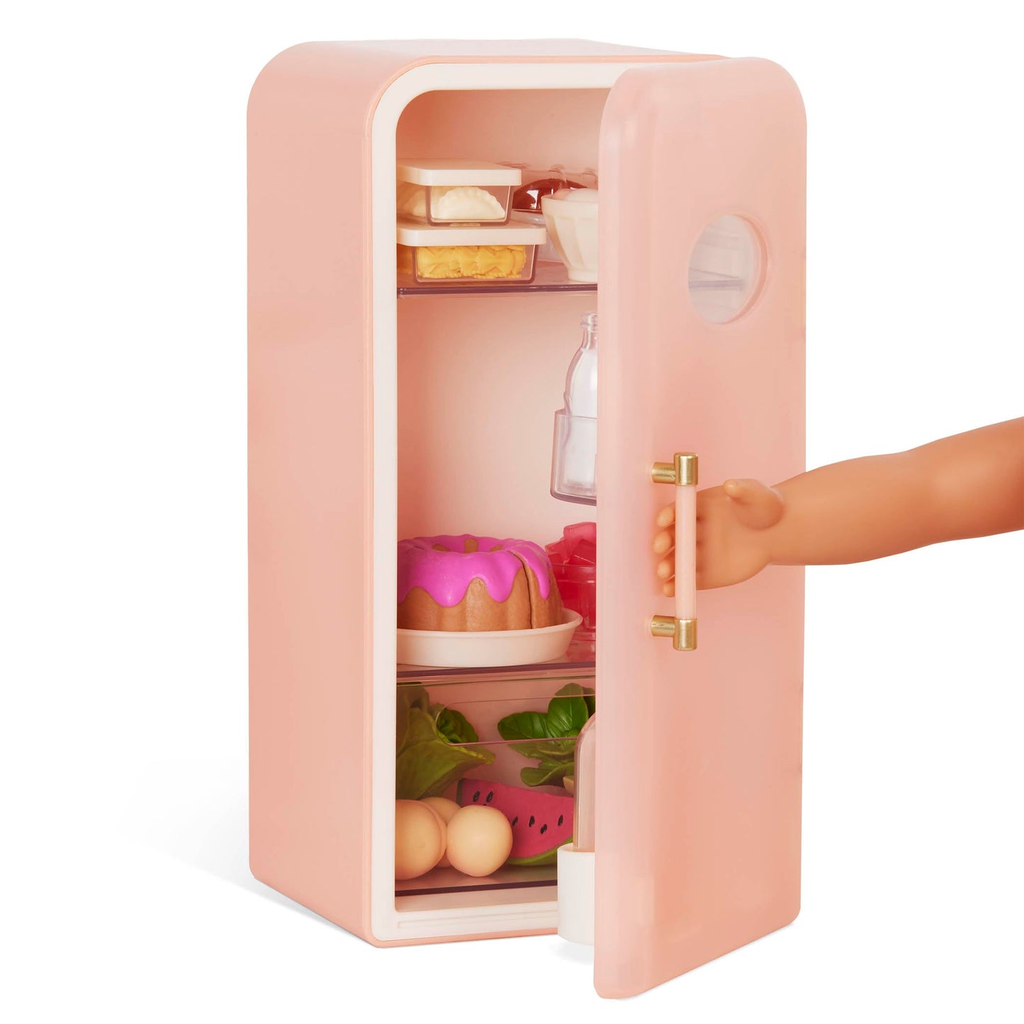 Our Generation pink mini fridge with play food accessories for dolls, featuring realistic design and 46cm size.