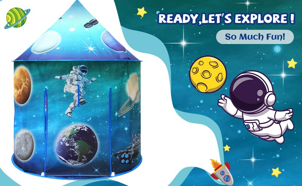Kids astronaut galaxy play tent by MEERO LONDON, large pop-up space-themed indoor outdoor playhouse for toddlers and children.