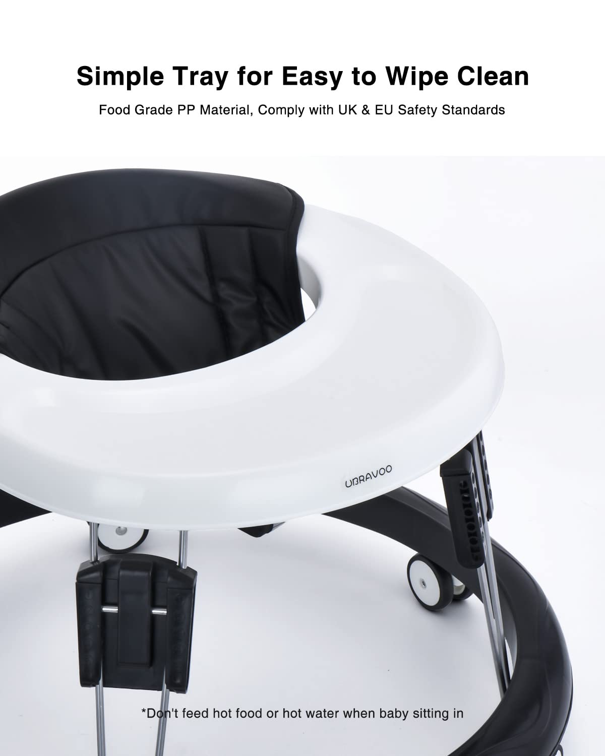UBRAVOO adjustable baby walker with universal wheels, black PU material, height adjustable, foldable for 6-18 months old boys and girls.