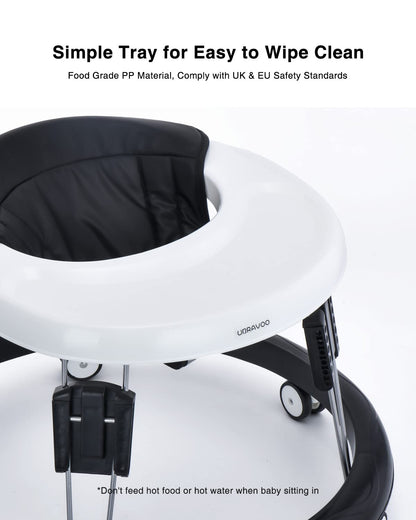 UBRAVOO adjustable baby walker with universal wheels, black PU material, height adjustable, foldable for 6-18 months old boys and girls.
