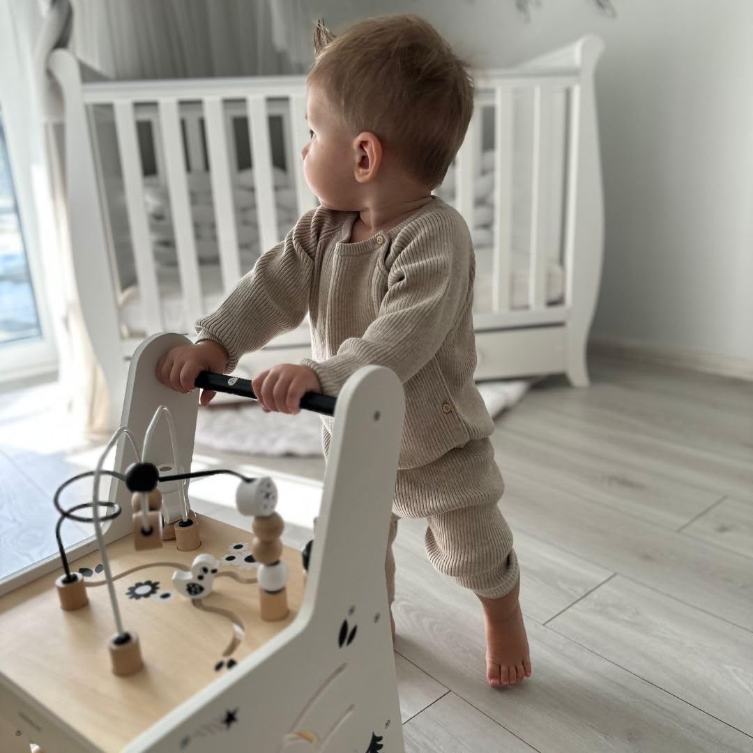 Mamabrum wooden baby walker with wheels, 6-in-1 activity centre featuring shape sorter, bead maze, gears, abacus, and stacking blocks.