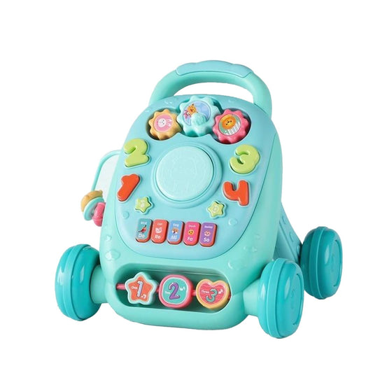 Blue PEBBLE HUG baby learning walker with interactive lights, music, sturdy frame, and toy features for first steps and educational play.