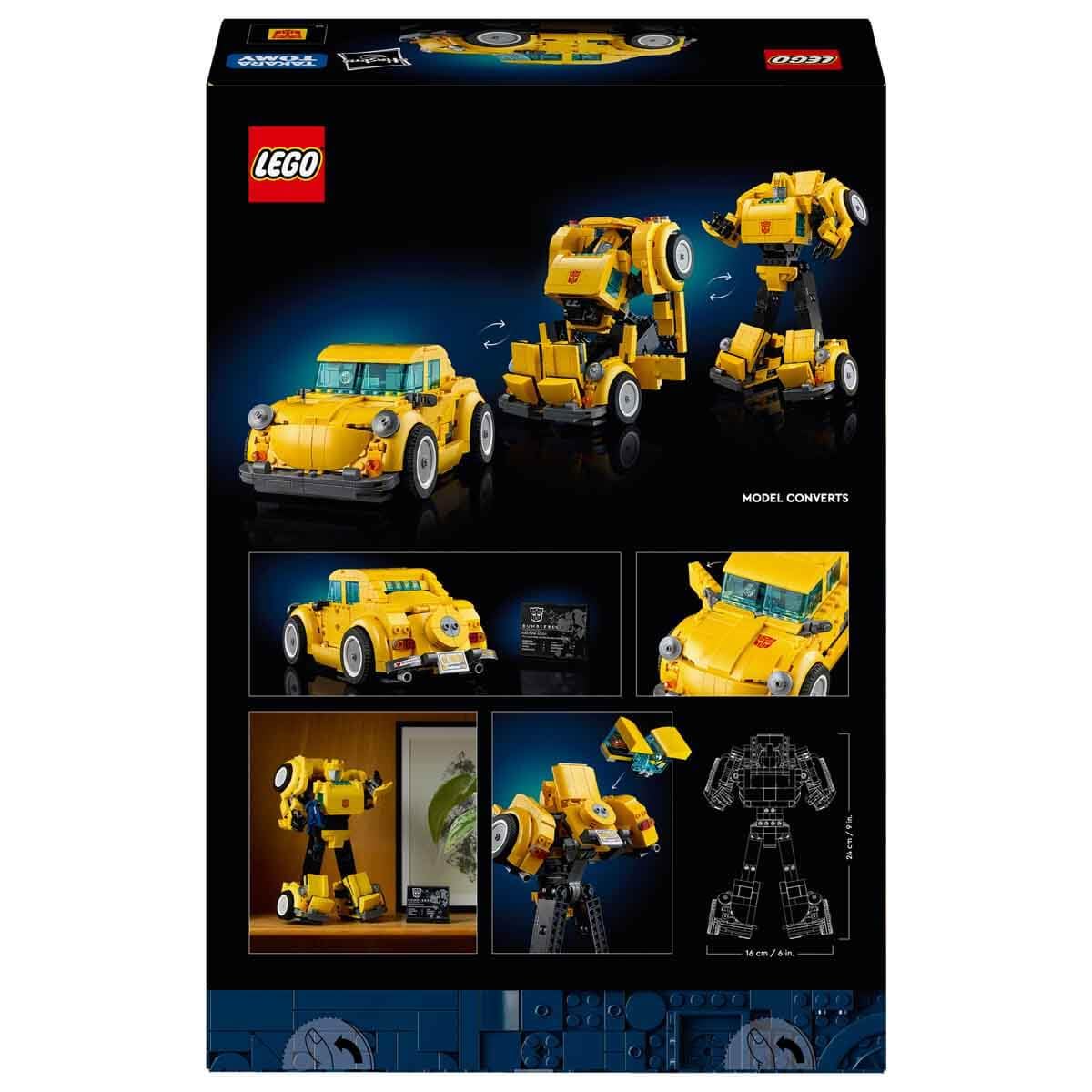 LEGO Icons Bumblebee action figure building set in robot mode, showcasing intricate details and collectible design for adults.