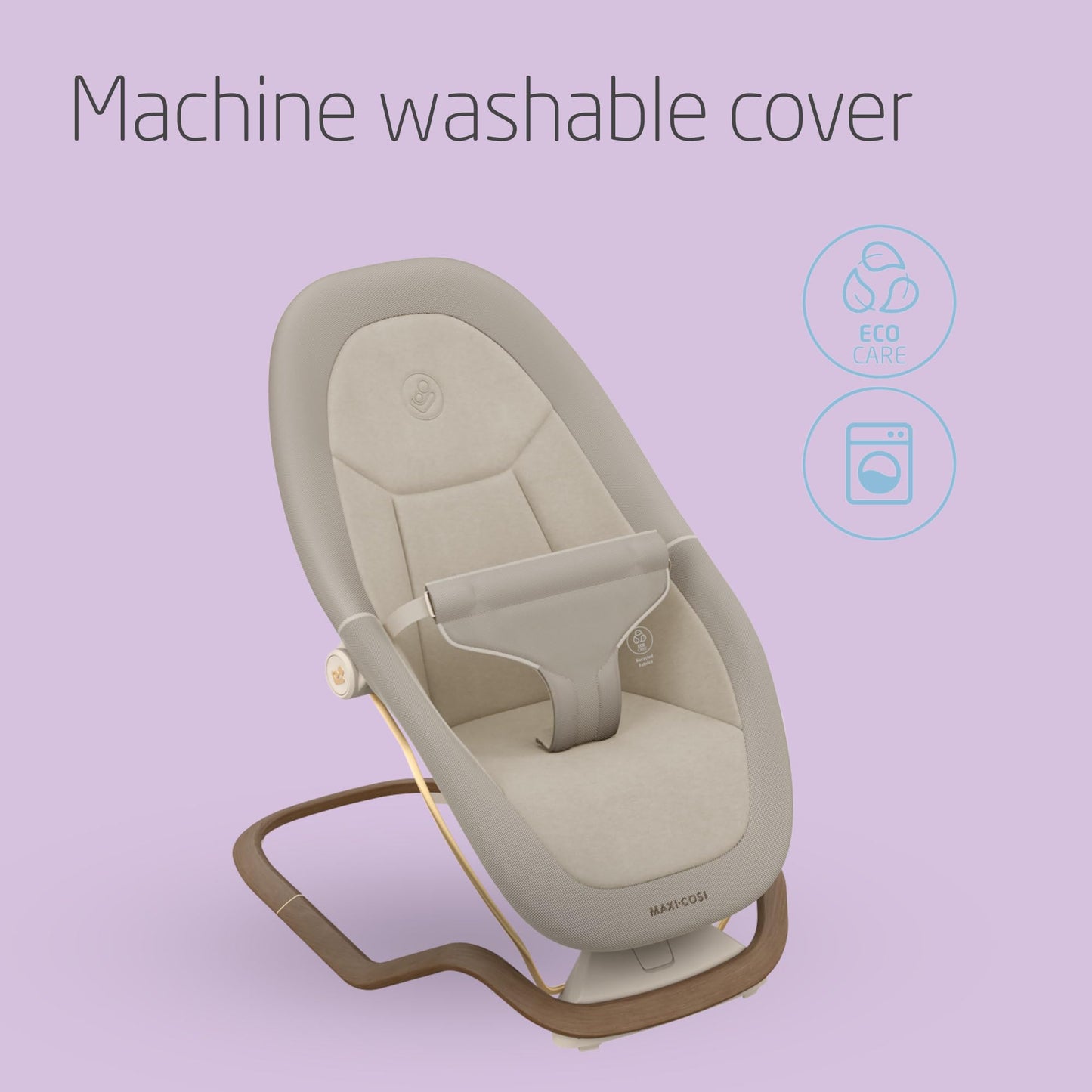 Maxi-Cosi Dove baby bouncer in elegance beige with natural bouncing, foldable, lightweight design, made from eco-friendly recycled fabrics.
