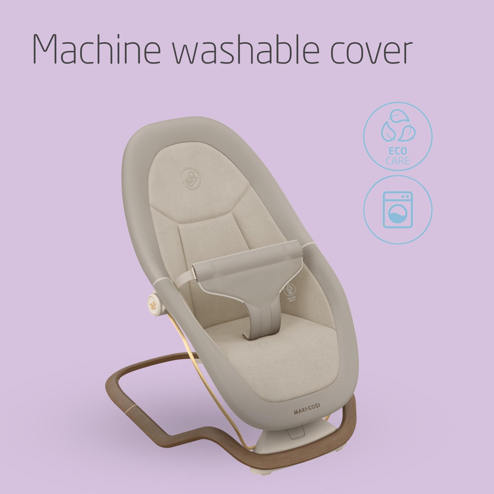 Maxi-Cosi Dove baby bouncer in elegance beige with natural bouncing, foldable, lightweight design, made from eco-friendly recycled fabrics.