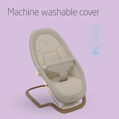 Maxi-Cosi Dove baby bouncer in elegance beige with natural bouncing, foldable, lightweight design, made from eco-friendly recycled fabrics.