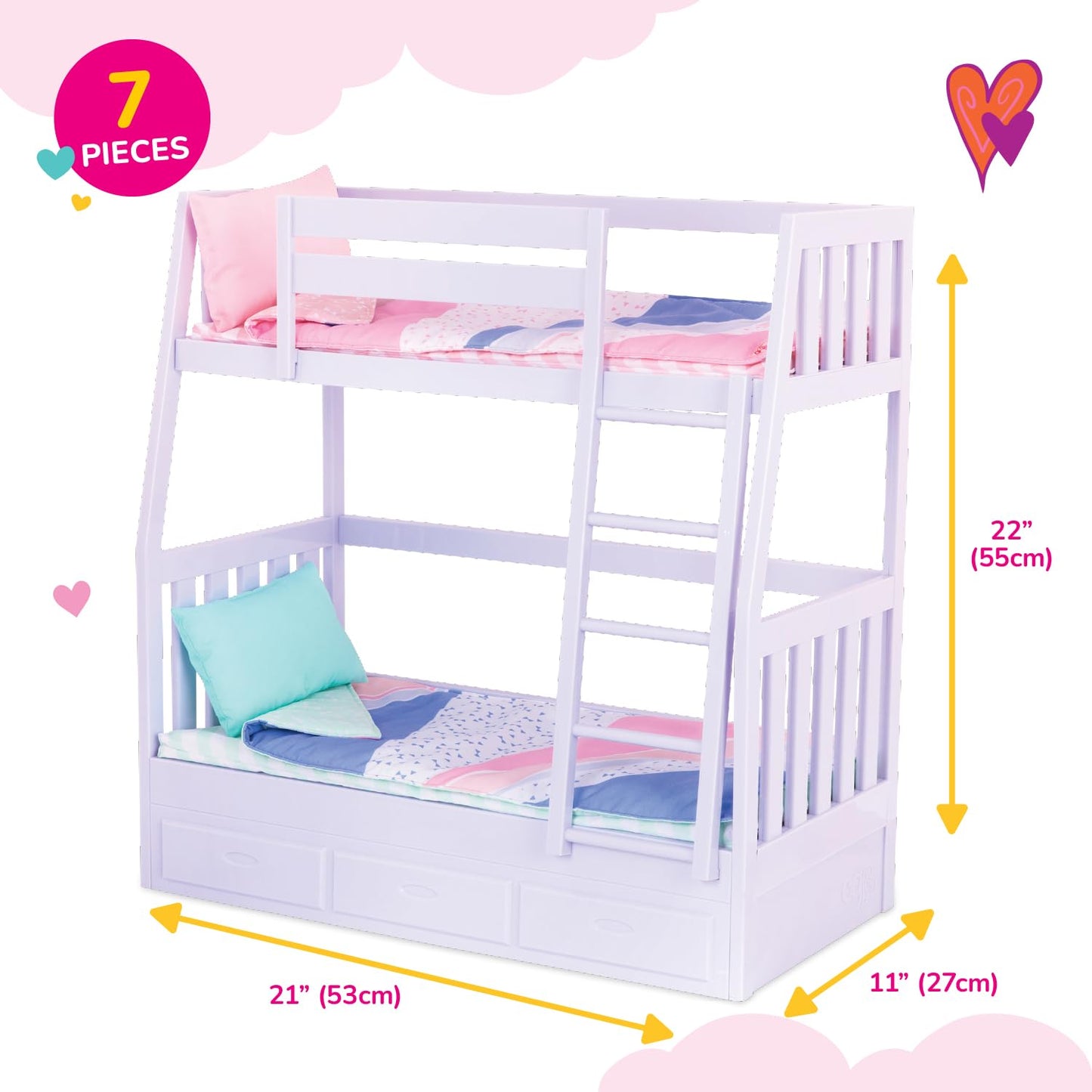 Our Generation Dream Bunks toy bunk bed set in lilac for 18-inch girl dolls, designed for kids ages 3 and up.