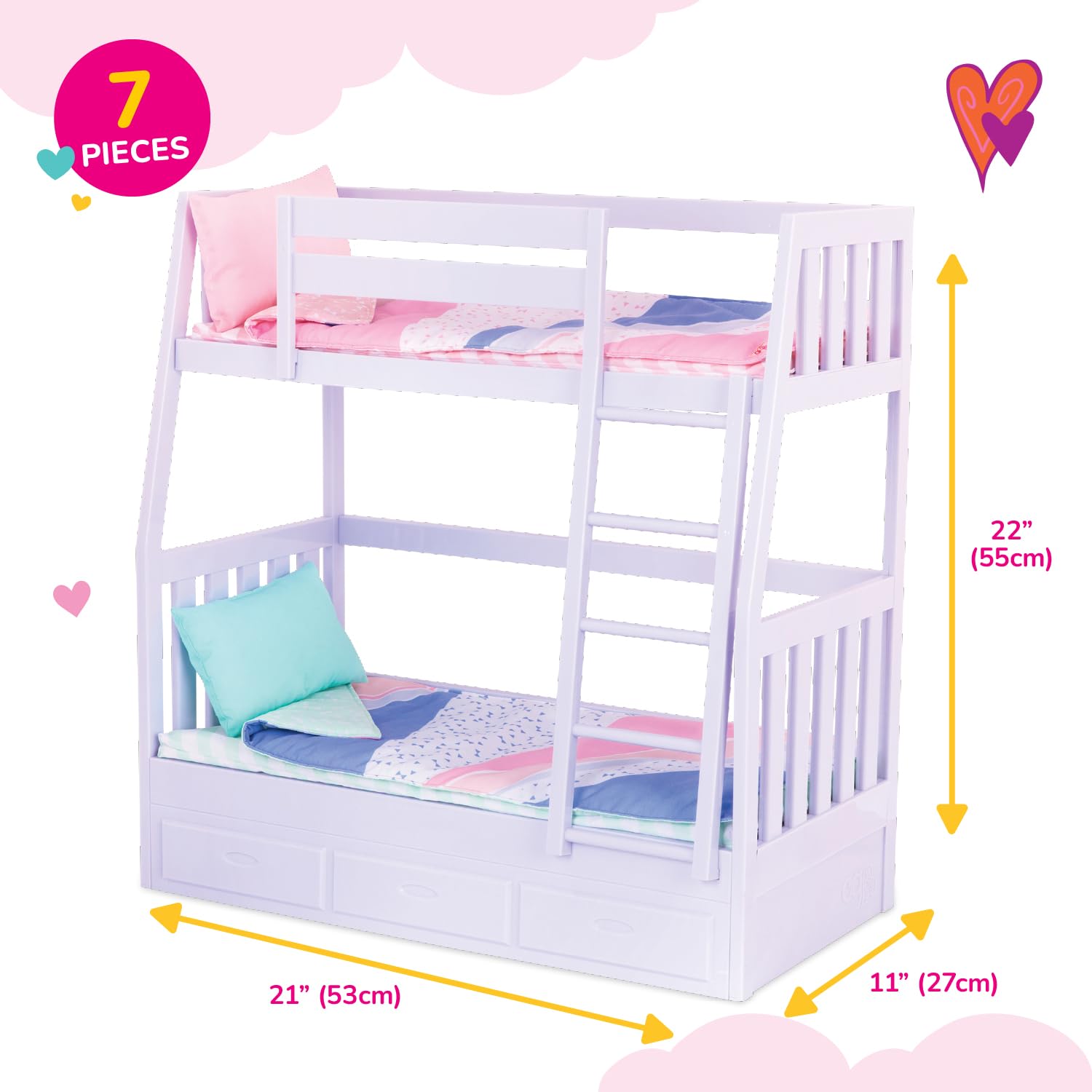 Our Generation Dream Bunks toy bunk bed set in lilac for 18-inch girl dolls, designed for kids ages 3 and up.