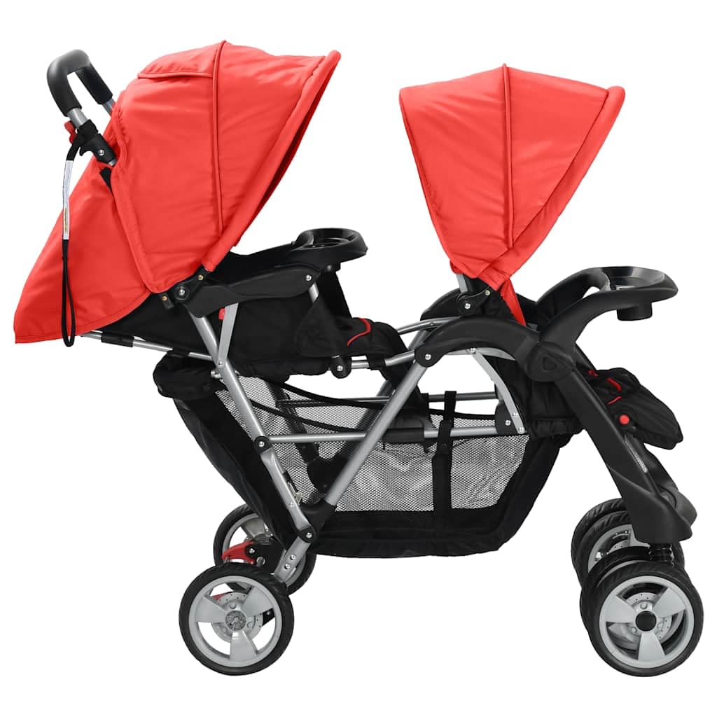 vidaXL Red and Black Steel Tandem Stroller - Dual-Seat, Sun-Protecting Canopies, Convenient Storage, Easily Manoeuvrable