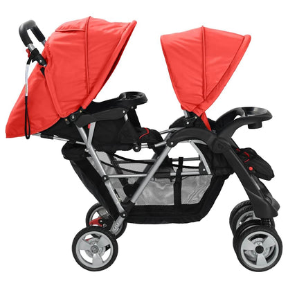 vidaXL Red and Black Steel Tandem Stroller - Dual-Seat, Sun-Protecting Canopies, Convenient Storage, Easily Manoeuvrable
