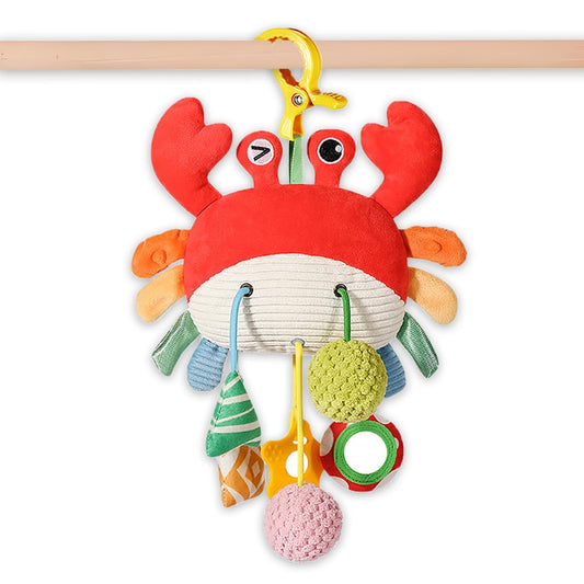Vamotto Crab Car Seat & Stroller Toy for Babies 0-12 Months, Sensory Hanging Toy with Rattle, Mirror, Squeaker, Pull Strings, Fine Motor Skills Baby Gift for Newborn Infant Boy Girl
