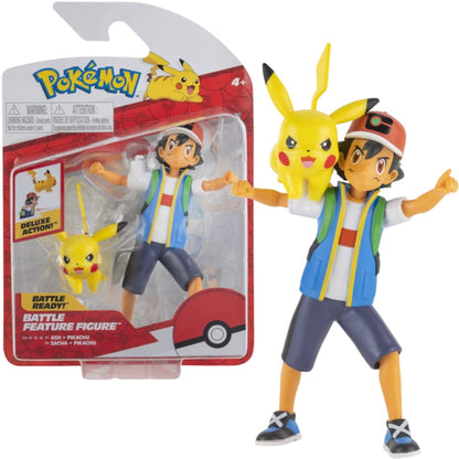 Pokémon 4.5-inch Ash figure with 2-inch Pikachu in action pose, showcasing detailed features and vibrant colors.
