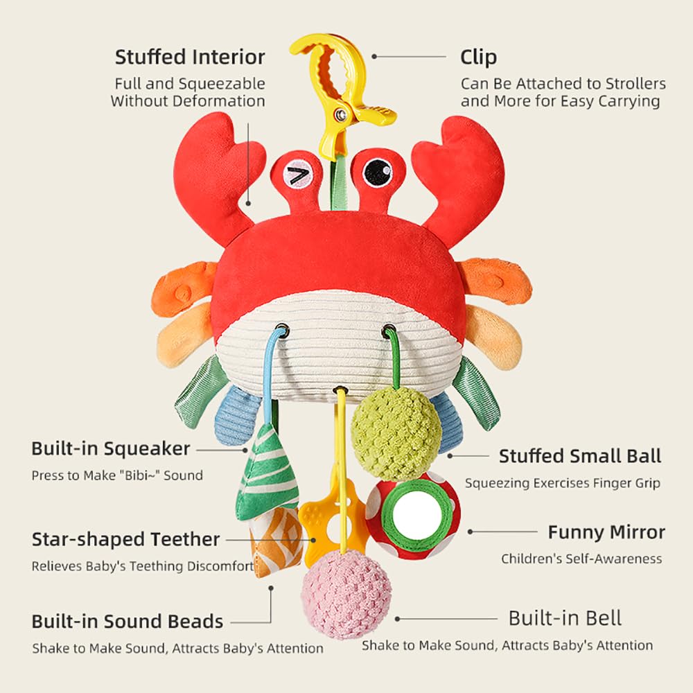Vamotto Crab Car Seat & Stroller Toy for Babies 0-12 Months, Sensory Hanging Toy with Rattle, Mirror, Squeaker, Pull Strings, Fine Motor Skills Baby Gift for Newborn Infant Boy Girl