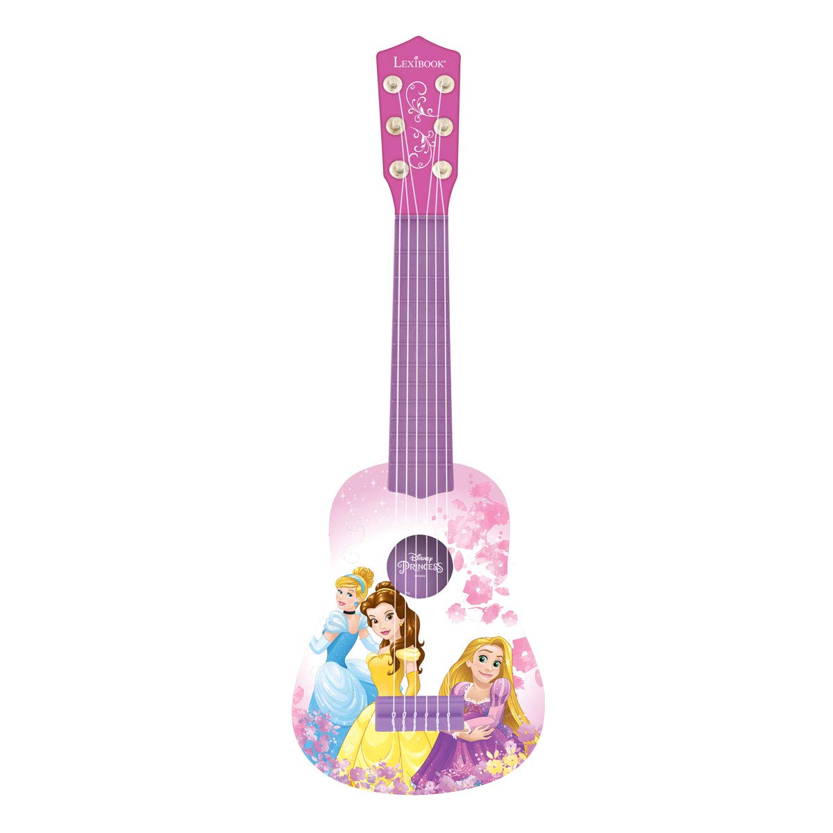 Pink Disney Princess My First Guitar by Lexibook with 6 nylon strings, 21-inch size and beginner guide for children.