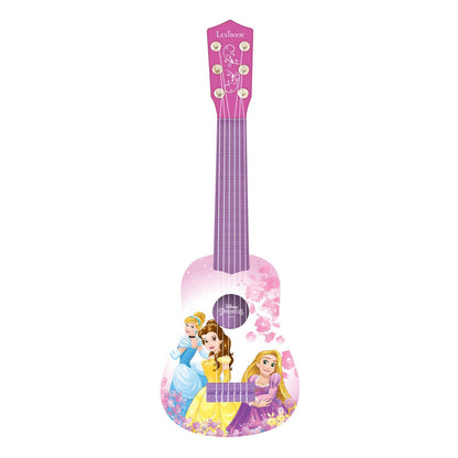 Pink Disney Princess My First Guitar by Lexibook with 6 nylon strings, 21-inch size and beginner guide for children.