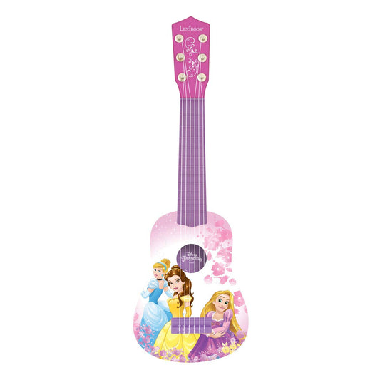 Pink Disney Princess My First Guitar by Lexibook with 6 nylon strings, 21-inch size and beginner guide for children.