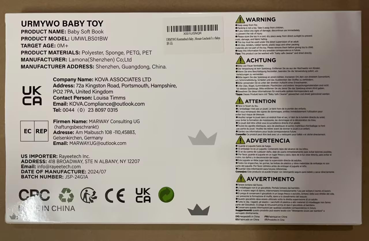 URMYWO black and white sensory baby toys for brain development, including tummy time toys and a soft baby book.