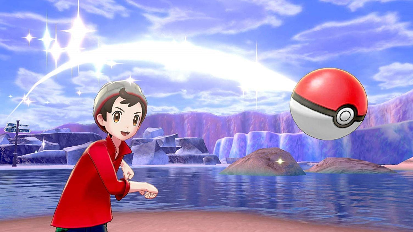 Nintendo Switch Pokémon Sword game cartridge in black case, featuring artwork of Pokémon characters and Nintendo branding.