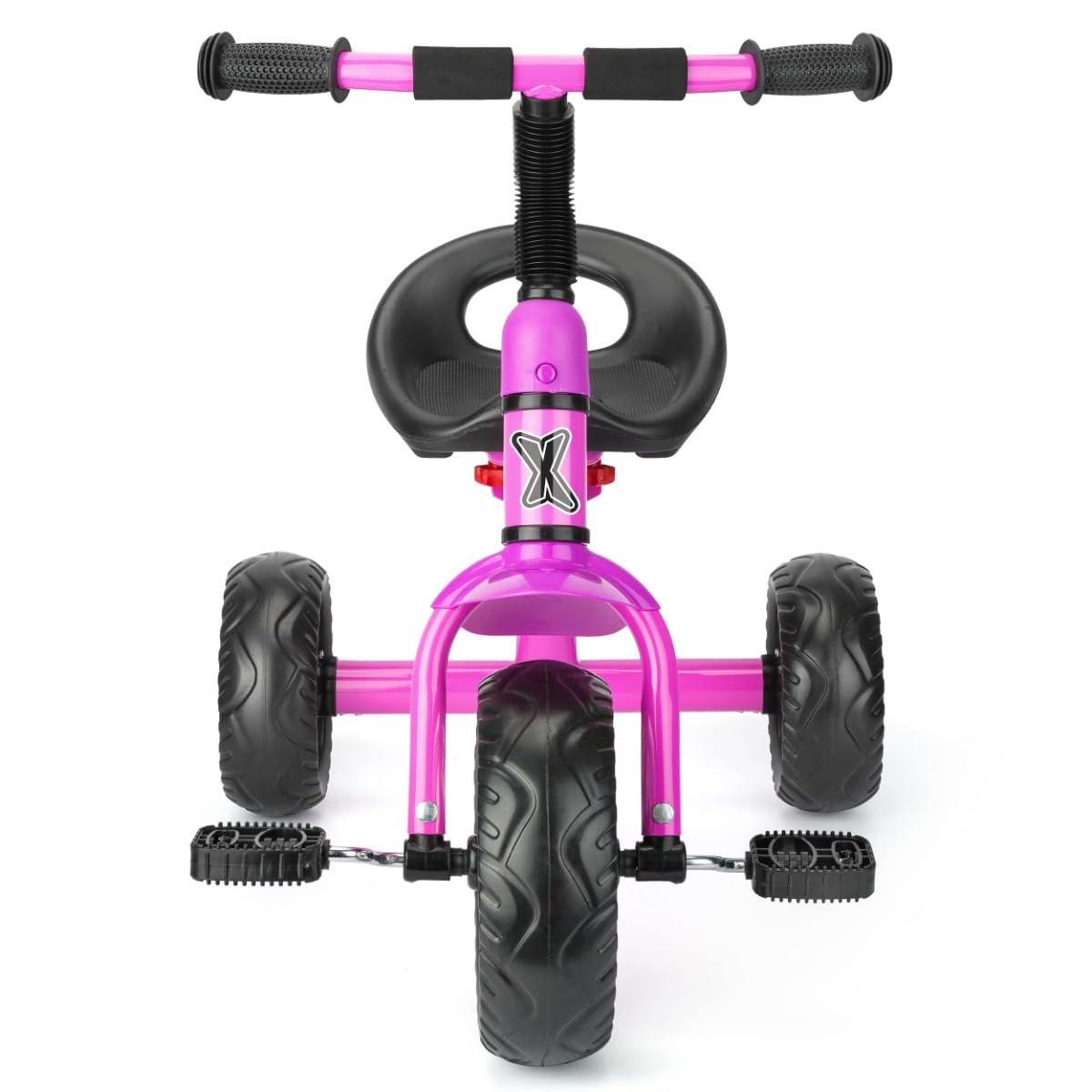 Pink Xootz tricycle for kids, featuring an easy clip design and portable structure for outdoor play.