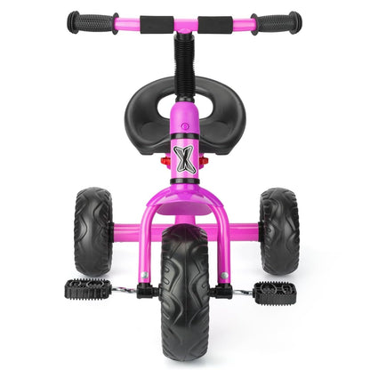 Pink Xootz tricycle for kids, featuring an easy clip design and portable structure for outdoor play.