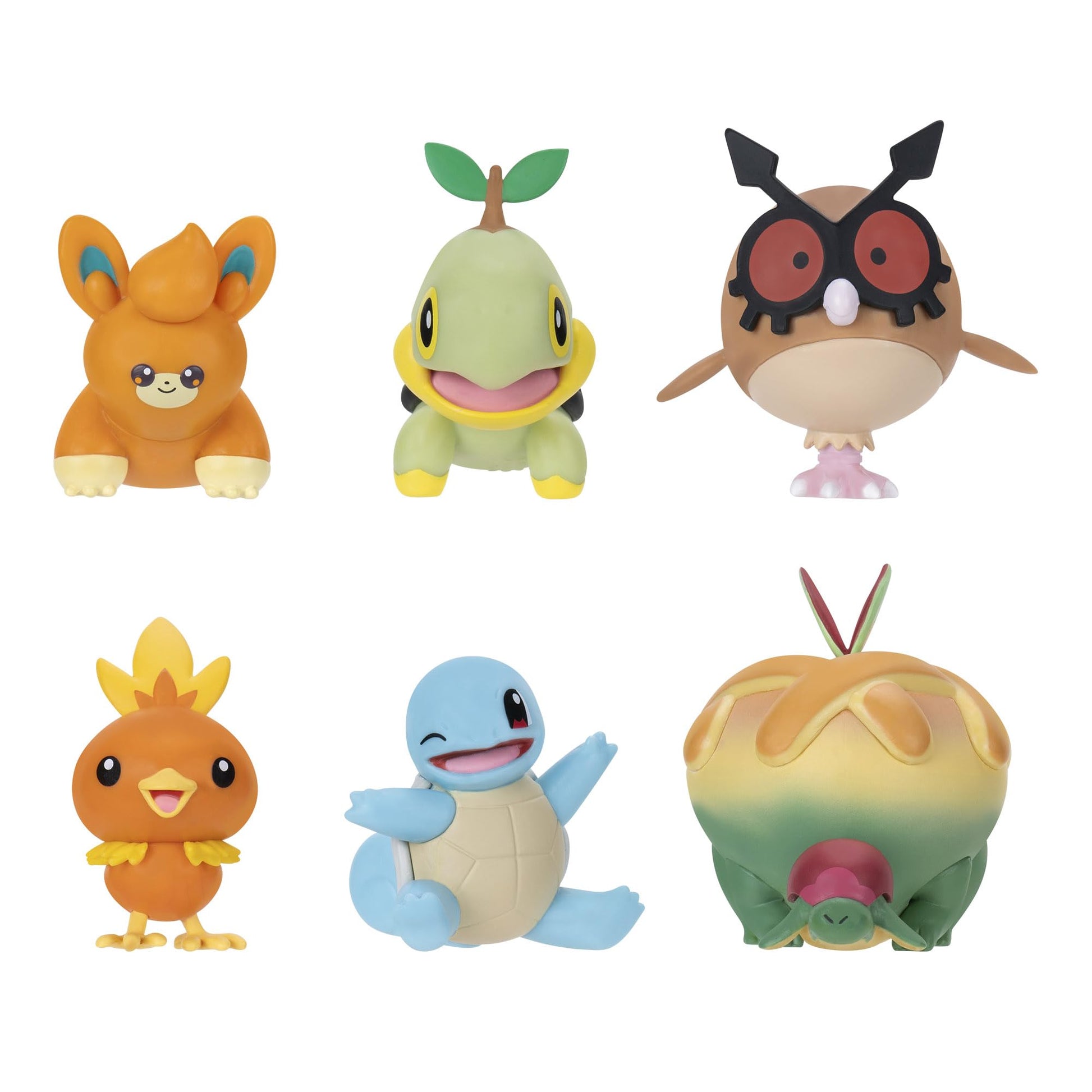 Pokémon Unova Battle Figure 6 Pack featuring 2-inch figures of Pawmi, Squirtle, Torchic, Turtwig, Hoothoot, and Appleton.