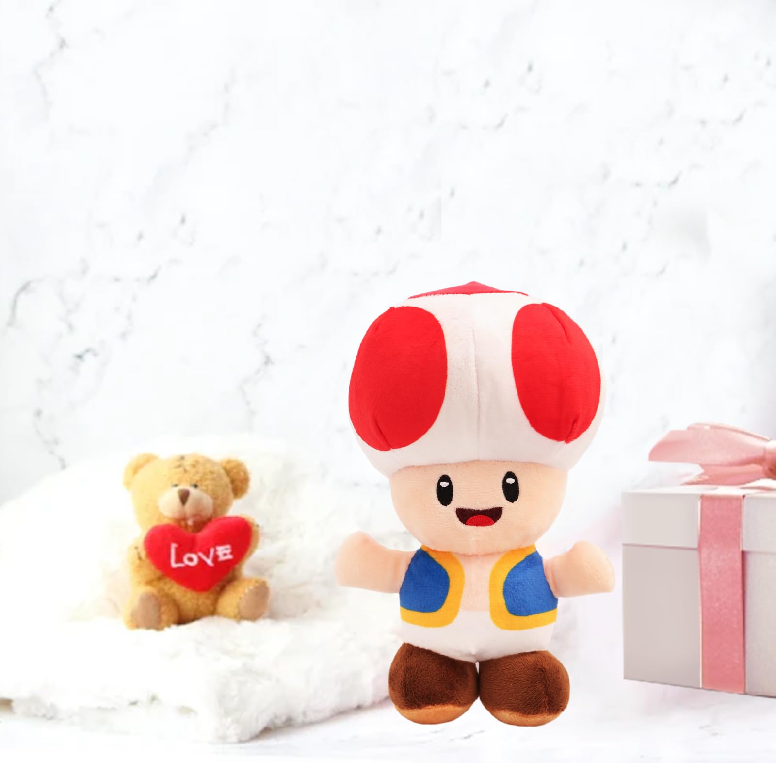 Ainvliya Toad Plush Toy, red mushroom-shaped soft stuffed animal, 21 cm, cute cuddly cartoon doll for babies and children.