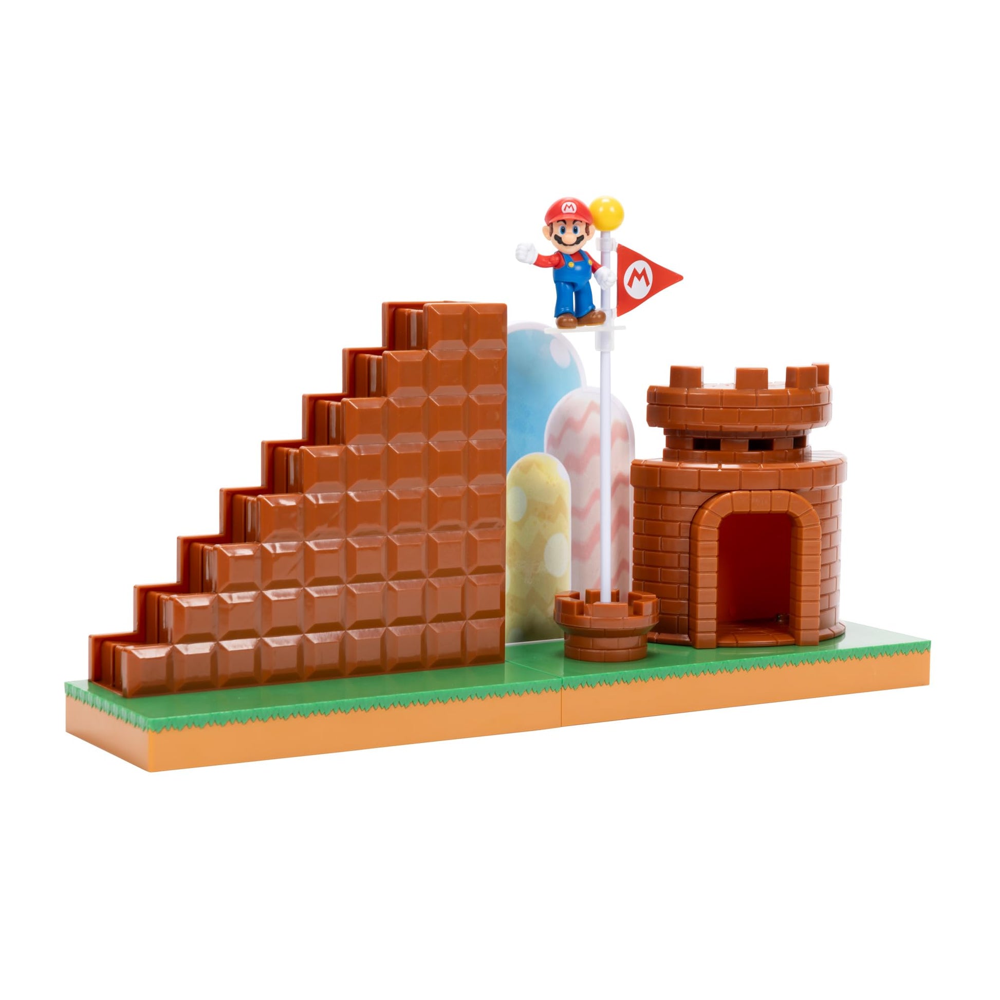 Super Mario 2.5-inch playset by JAKKS Pacific featuring Mini Mario, castle, stairs, flagpole, and base platform for interactive fun.