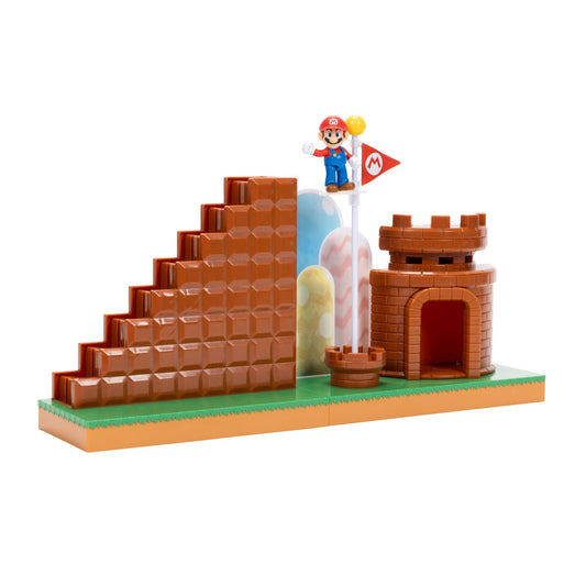 Super Mario 2.5-inch playset by JAKKS Pacific featuring Mini Mario, castle, stairs, flagpole, and base platform for interactive fun.