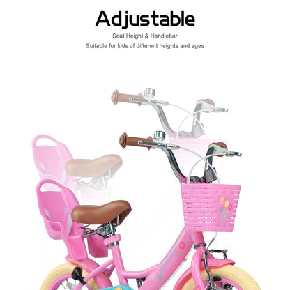 Glerc Maggie 14 Inch Kids Bike for 3 4 5 6 Years Old Little Girls Toddler Bicycles with ith Doll-Seat & Basket & Stabilisers for Gift, Pink