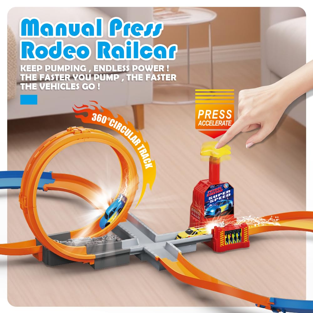 VATOS Slot Car Racing Track Set for 5-7 Years Boys - Manual Acceleration Kids Slot Machine Racing Track with 360 Degree Track,Diy Catapult Roller Coaster 3 4 5 6 7 8 9 10 Boys Girls