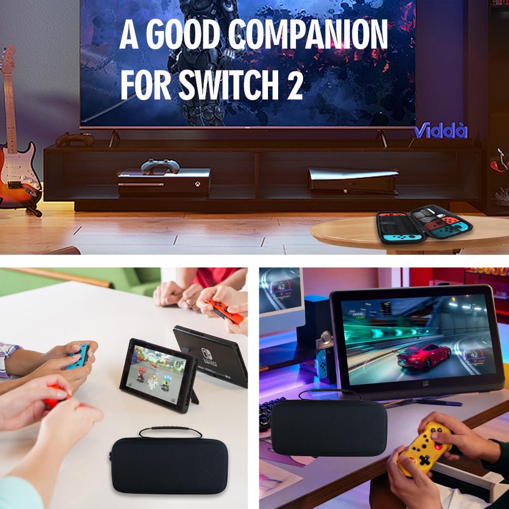 Abnaok Nintendo Switch 2 protective travel case with screen padding, game card slots, microSD slots, and zipped open pockets.