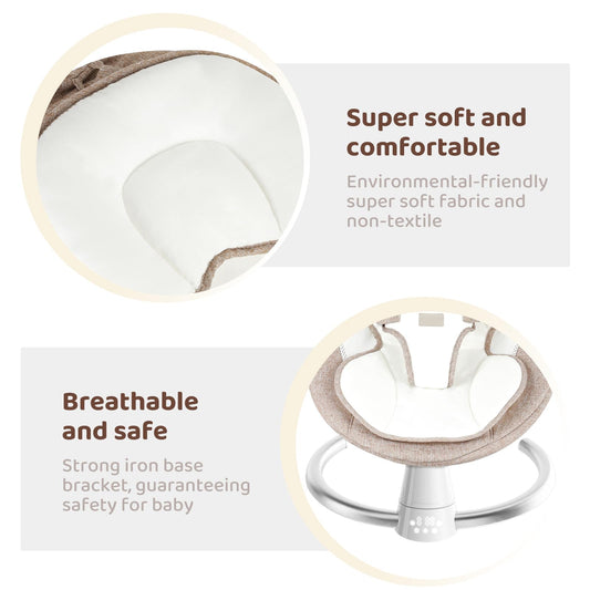 Pioncrey electric baby bouncer chair in khaki with Bluetooth, 5 swing speeds, remote control, and adjustable timer for newborns