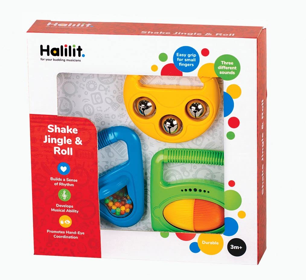 Halilit Musical Baby Shapes Musical Instrument Gift Set. Shaker Maraca, Ring my Bell and Rattle Roller. 3 Brightly Coloured, Durable, Sensory Music Toys. Suitable infants Boys & Girls 3 Months +