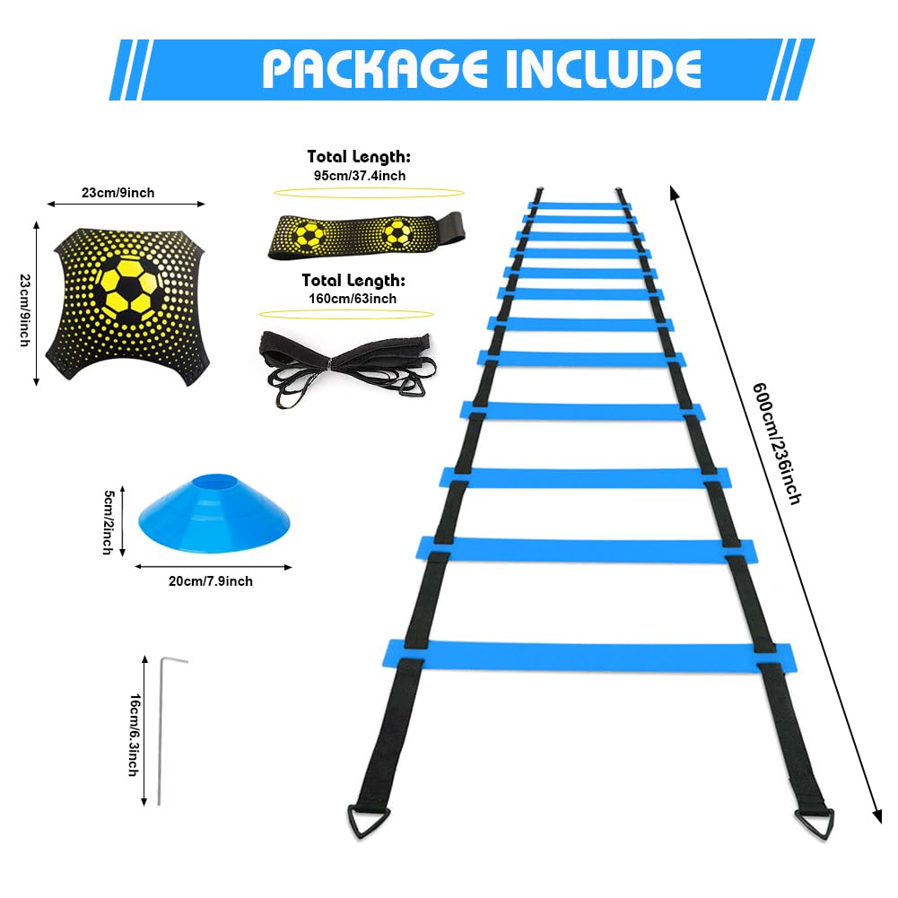 YGORTECH Football Training Equipment for Kids, Speed Agility Training Set, Agility Ladder 12 Rung 6M, Football Kick Trainer, 12 Disc Cones, Football Training Kit Gifts for Boys