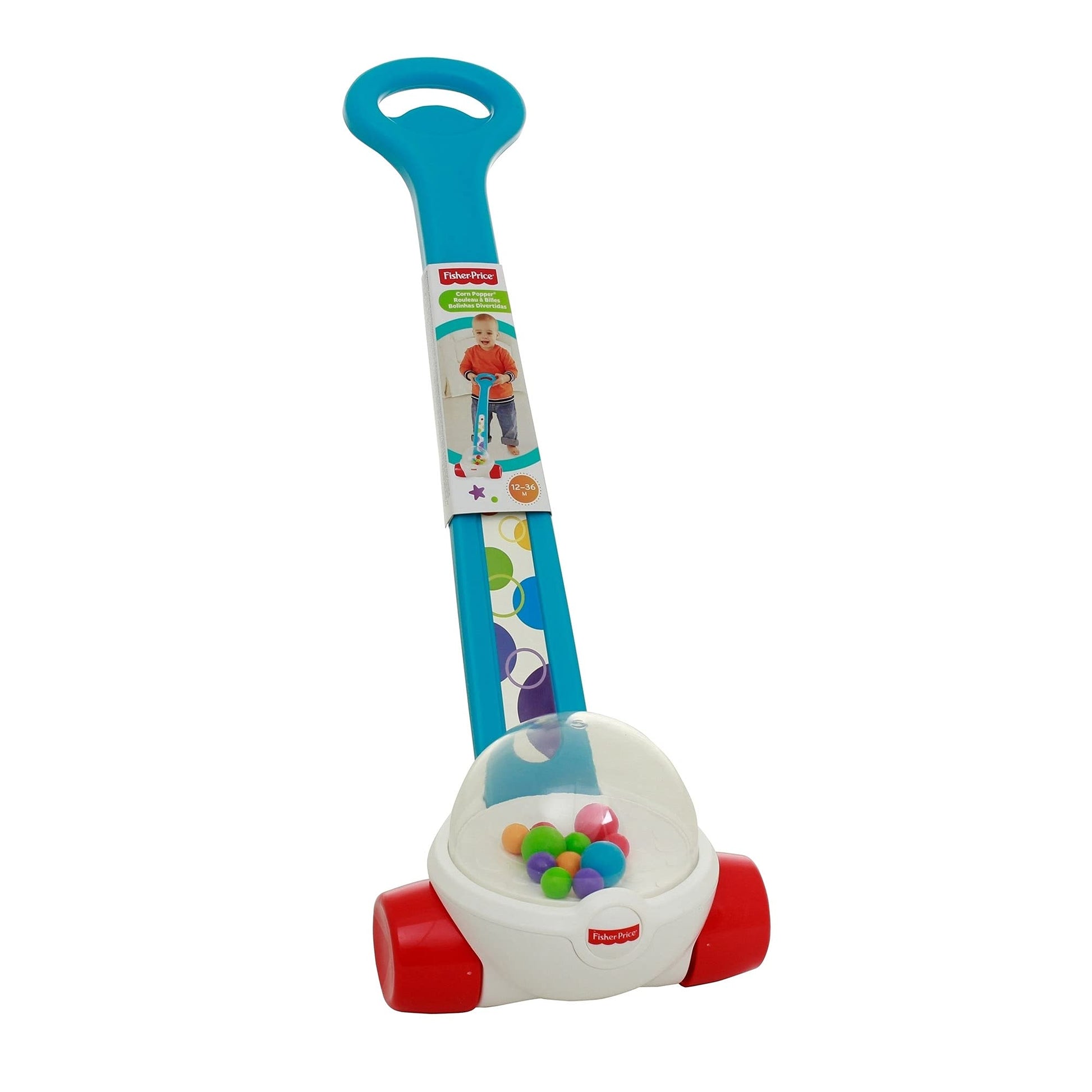 Fisher-Price Corn Popper baby toy in blue, toddler push toy with ball-popping action for 1 year old and up