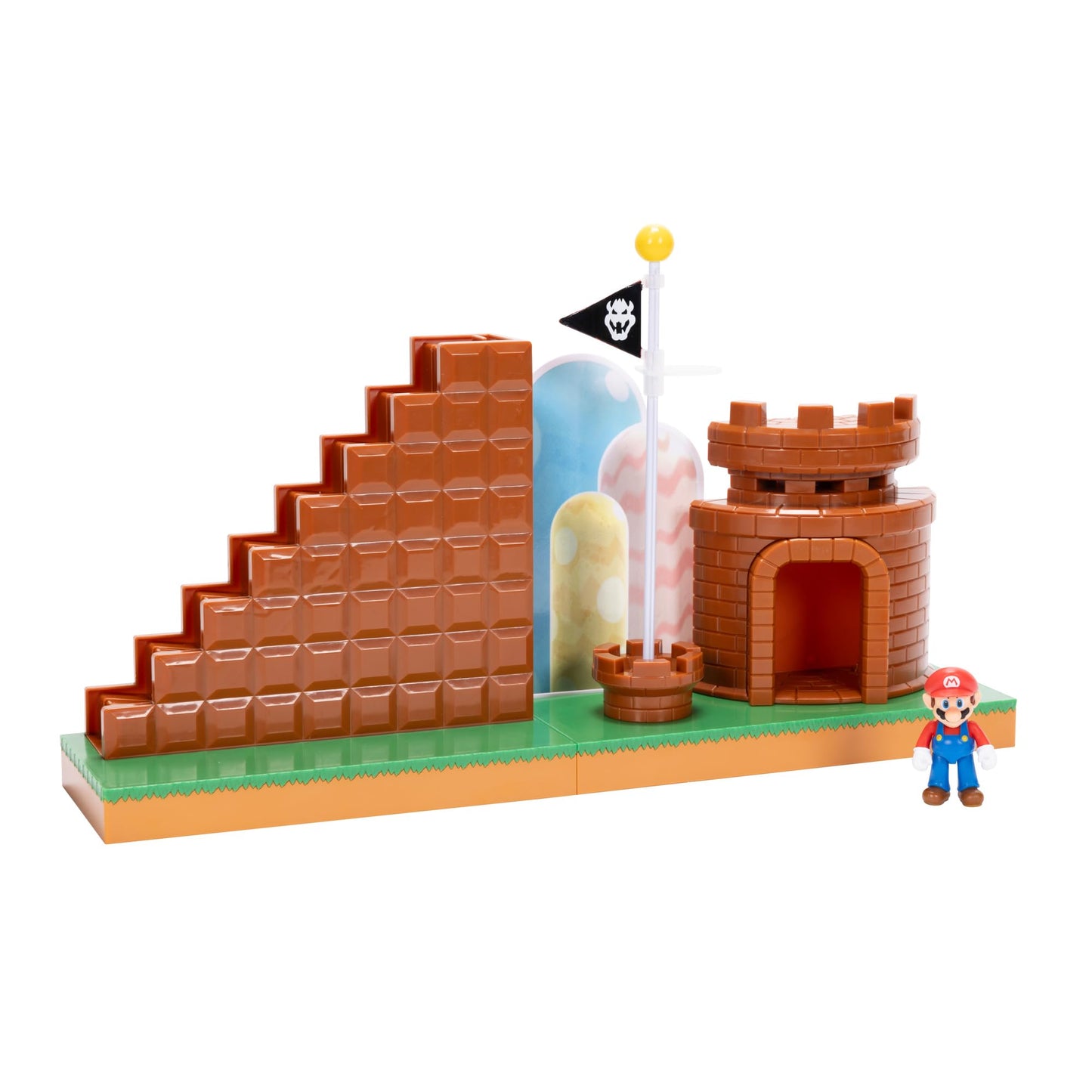 Super Mario 2.5-inch playset by JAKKS Pacific featuring mini Mario figurine, interactive stairs, castle, flagpole, and base platform.