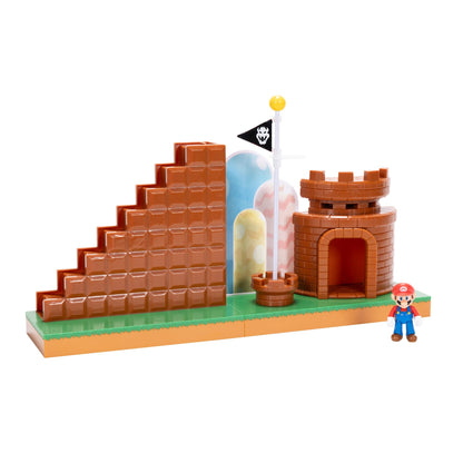 Super Mario 2.5-inch playset by JAKKS Pacific featuring mini Mario figurine, interactive stairs, castle, flagpole, and base platform.