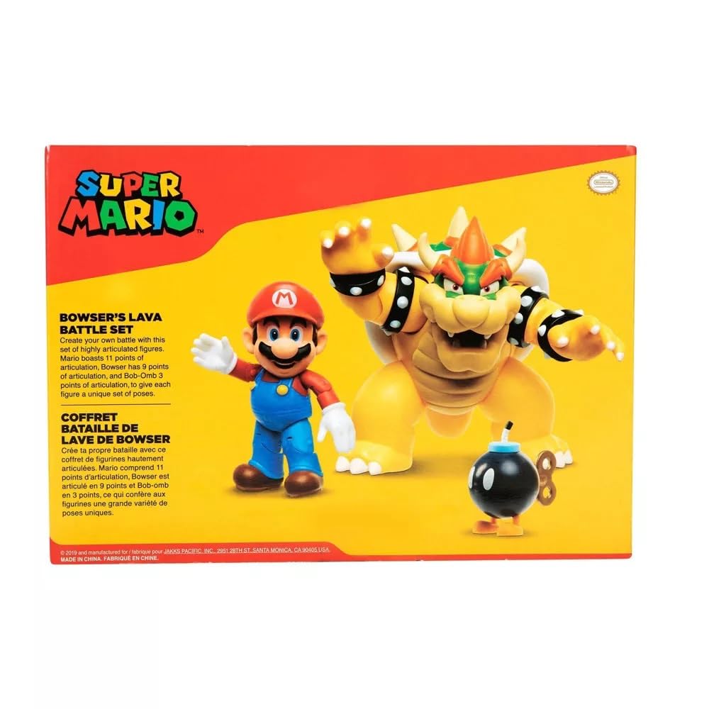 Nintendo Mario vs. Bowser Lava Battle playset with 7-inch articulated Mario, Bowser, and Bom-Omb figures for kids.