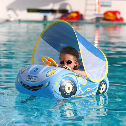 Baby Swimming Float, Toddler Baby Inflatable Pool Float with Sun Canopy Seat for 1-4 Years, Baby Boy Inflatable Baby Swimming Ring Pool Float for 12-48 Months Toddler Kids (Blue Car)