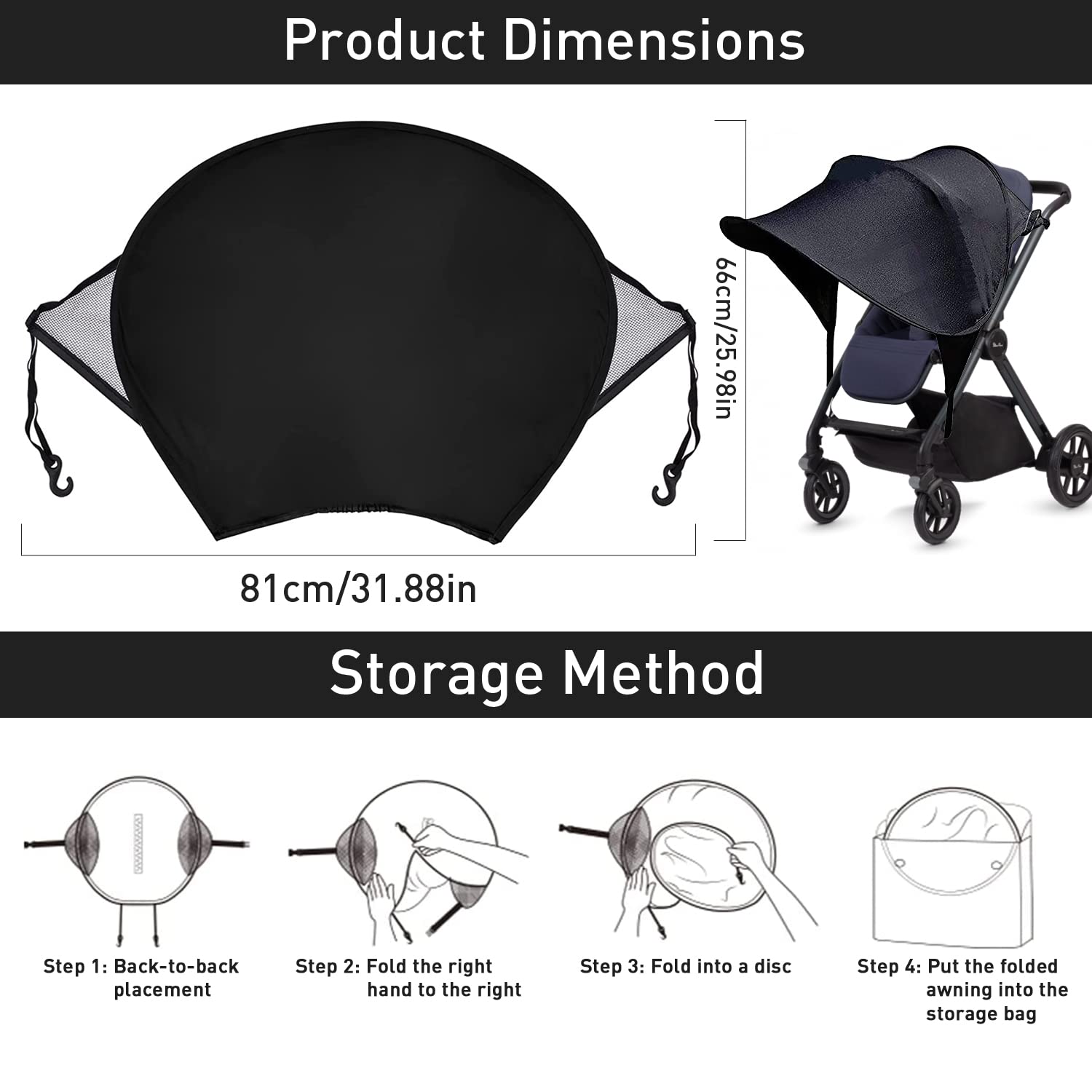 Black Esteopt pram sun shade cover with UPF50+ sun protection, breathable, foldable stroller sunshade canopy for baby strollers.