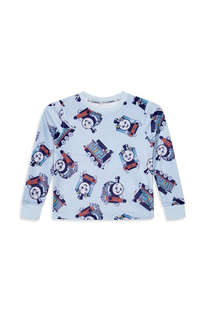 Thomas The Tank Engine Boys Pyjamas- Fleece Twosie - Official Two Piece Set with Long Sleeve Top & Cuffed Bottoms - Super Soft and Cosy Nightwear Gift- Ages 1-5 Years Blue