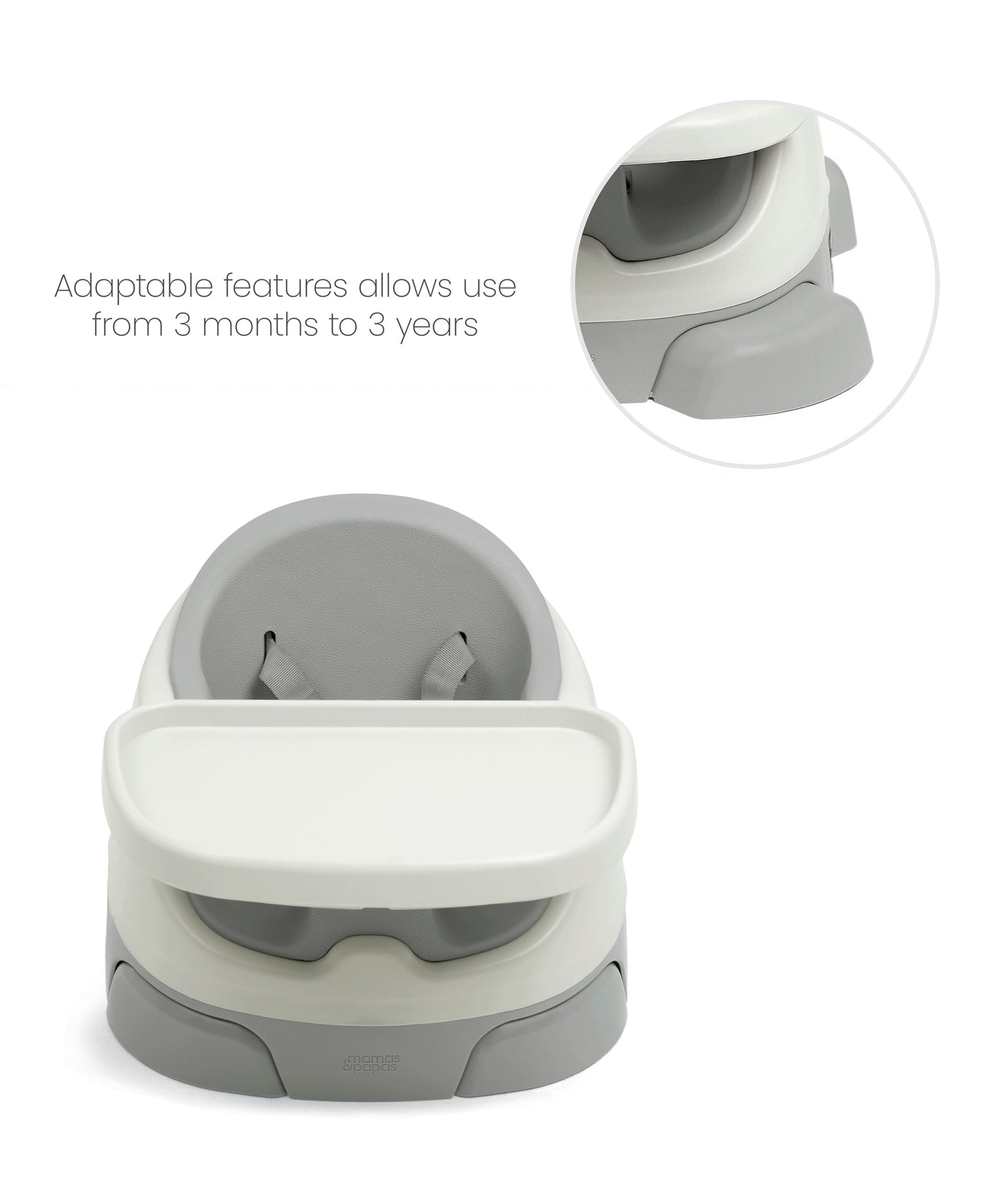 Mamas & Papas Baby Bug Booster Seat for Dining, Detachable Tray, Harness, Adjustable Seat and Non-Slip Feet, Pebble Grey