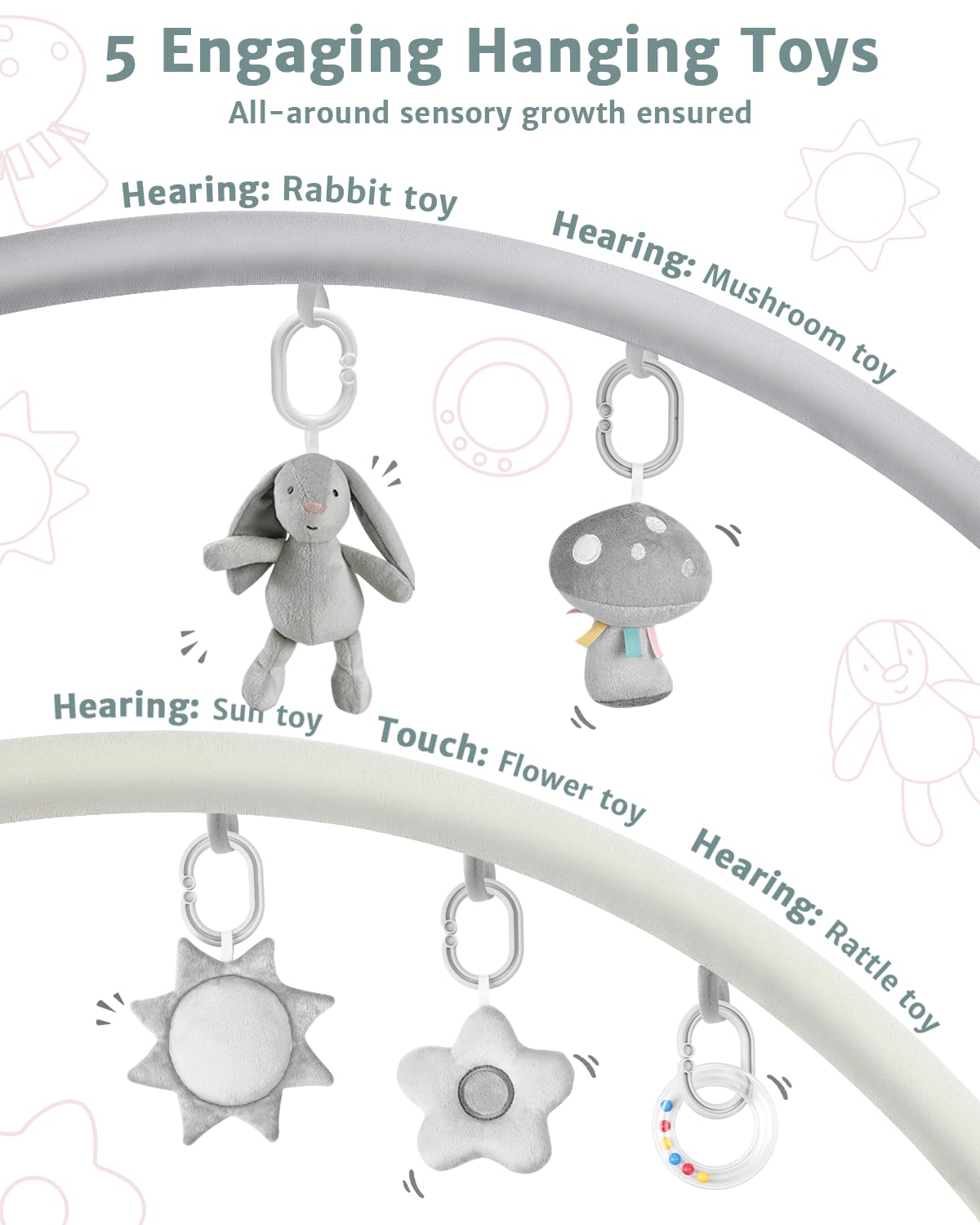 Suihuooo 3-in-1 Baby Play Mat, Baby Seats for Infants to Sitting Up, Mats for Floor Play with 5 Detachable Toys, Baby Gym for Babies 0-6 6-12 Months, Grey