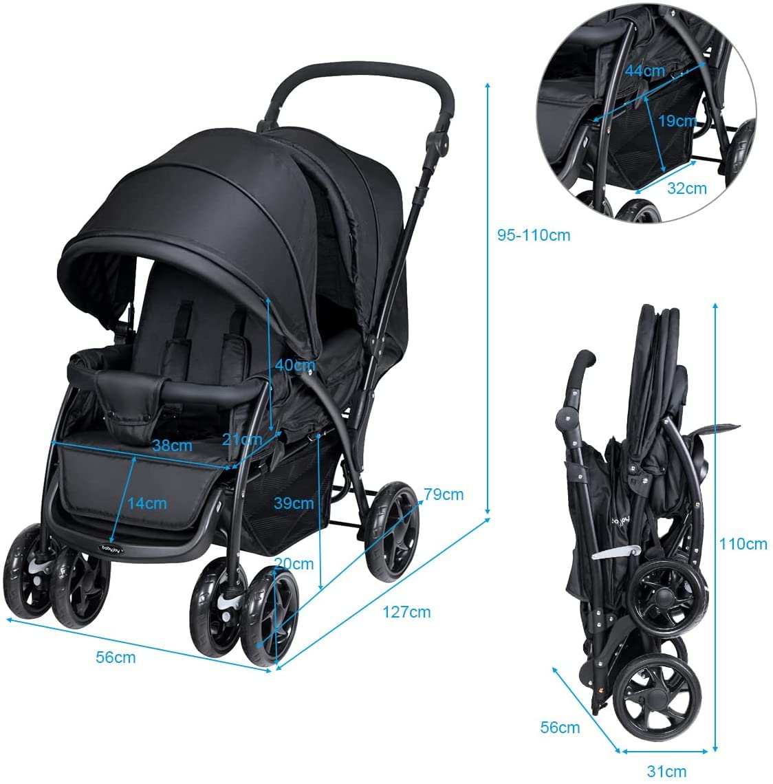 Costway double seat pushchair with foldable design, adjustable backrests, sunshade, safety belts, and storage basket in black.