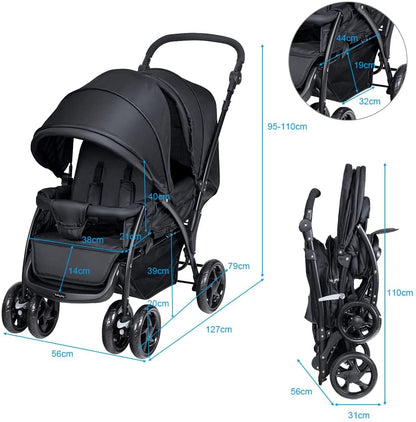 Costway double seat pushchair with foldable design, adjustable backrests, sunshade, safety belts, and storage basket in black.