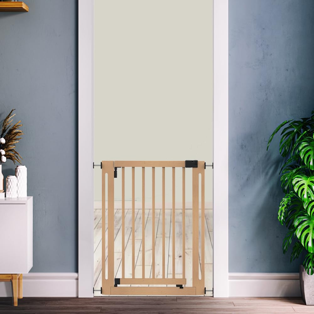Safetots Wooden Elegance safety gate in natural finish, pressure fit, 79-87cm wide, ideal for stairs, hallways, and doorways.