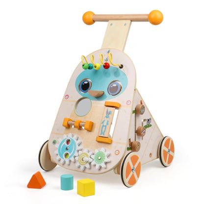 Jacootoys wooden toddler push walker with adjustable speed, featuring 7 educational activities for boys and girls aged 1 to 3 years.