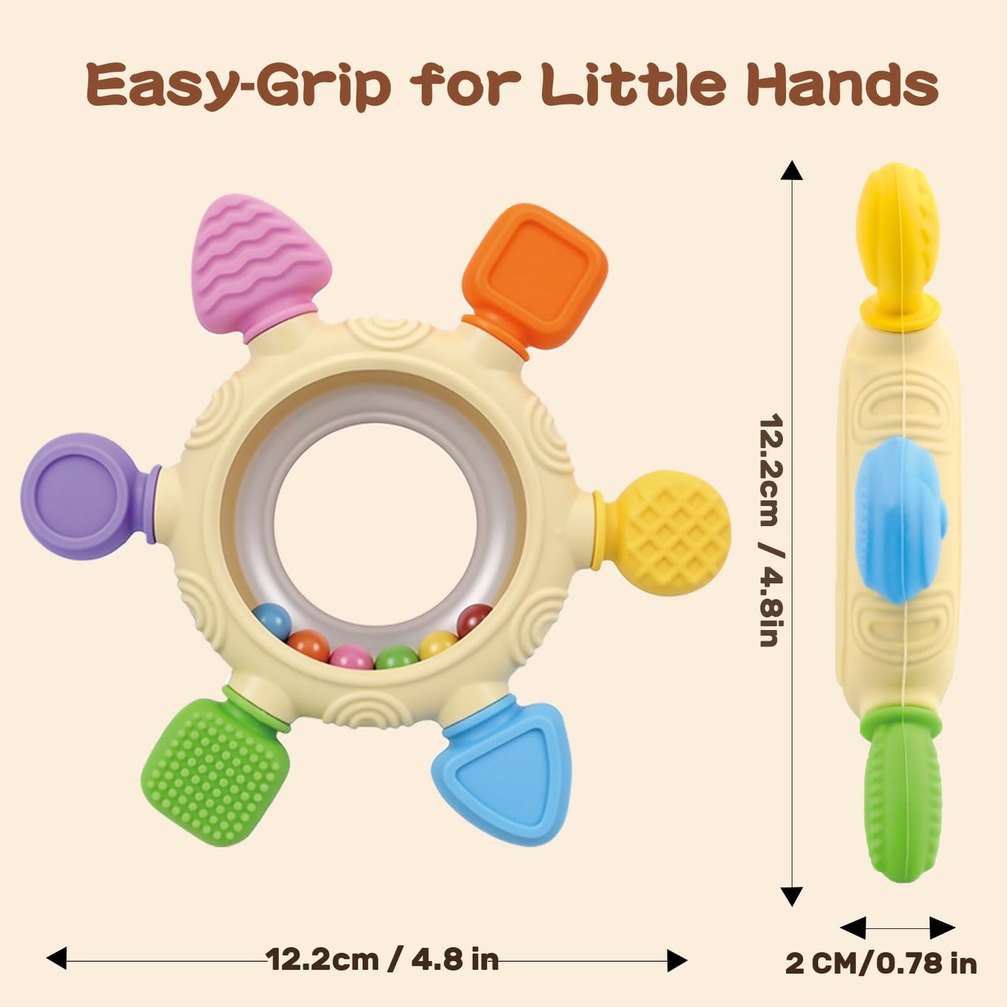 SENBSLAN silicone teething toys featuring colorful textures, designed for babies 0-12 months, BPA-free and safe.