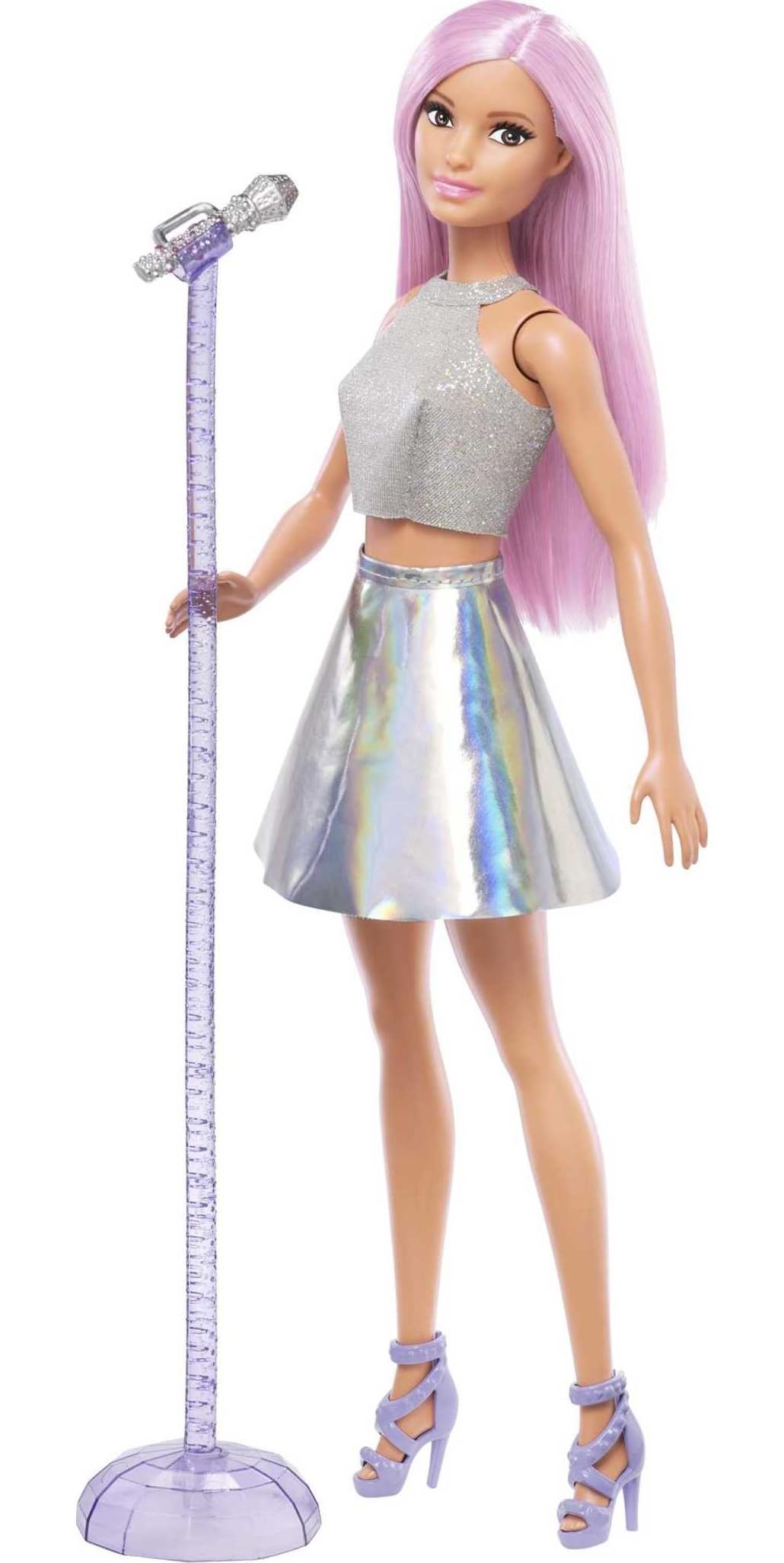 Barbie Pop Star Doll with pink hair, iridescent skirt, and microphone, perfect for imaginative play for kids ages 3 to 7.