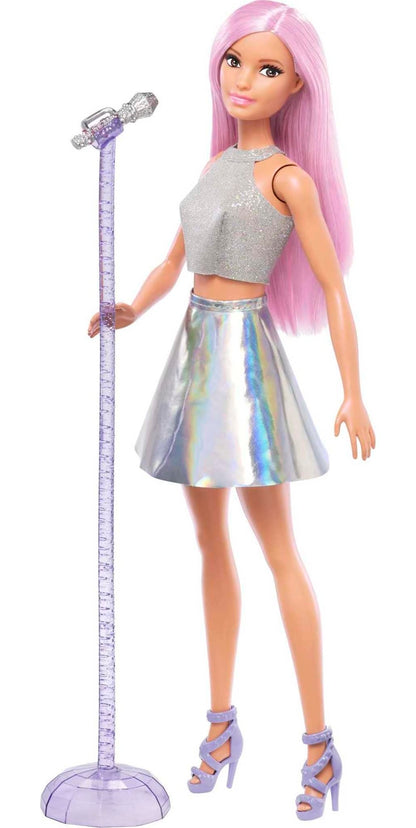 Barbie Pop Star Doll with pink hair, iridescent skirt, and microphone, perfect for imaginative play for kids ages 3 to 7.